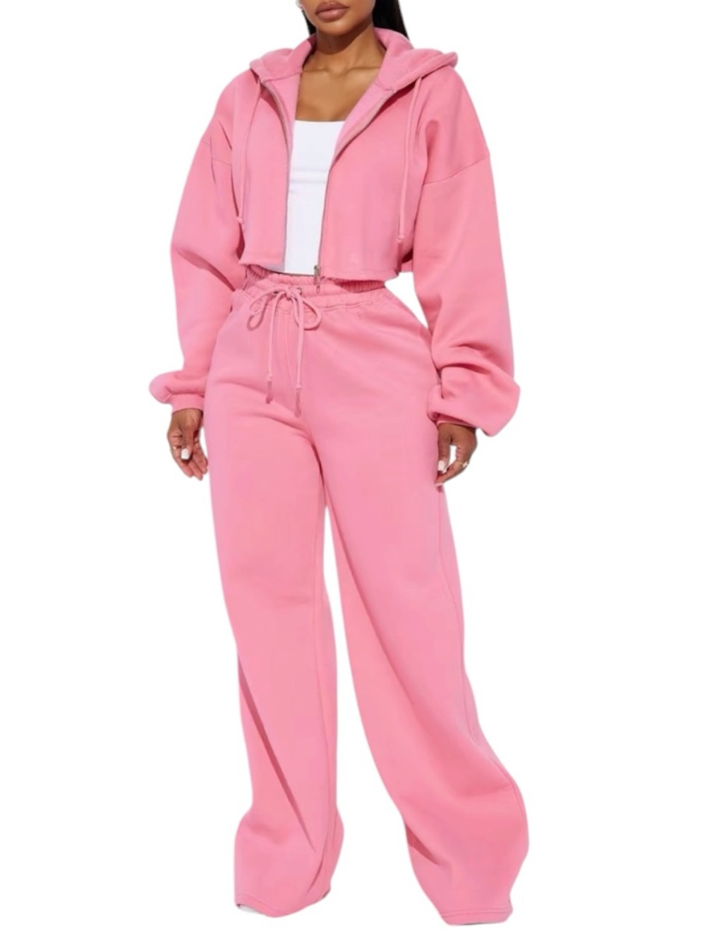 Cropped Hoodie & Wide Leg Sweatpants Set - Pink
